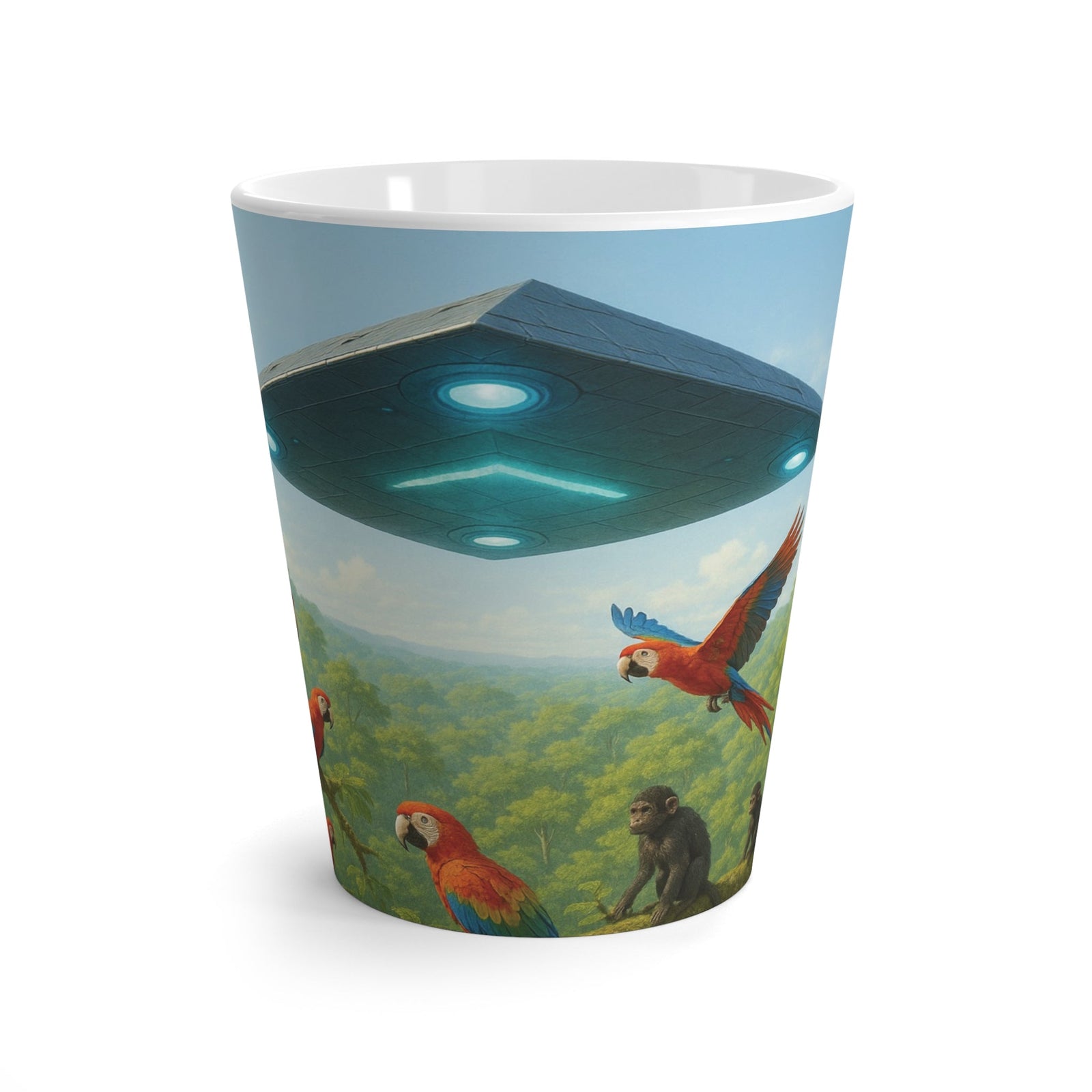 Latte White Mug - UFO and Macaws - Tropics Lifestyle Coffee