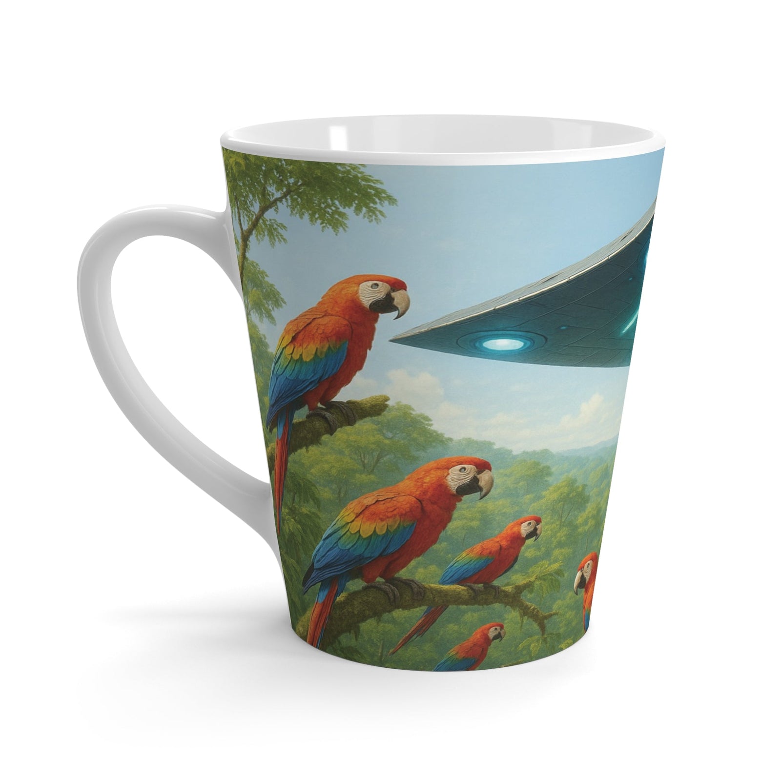 Latte White Mug - UFO and Macaws - Tropics Lifestyle Coffee