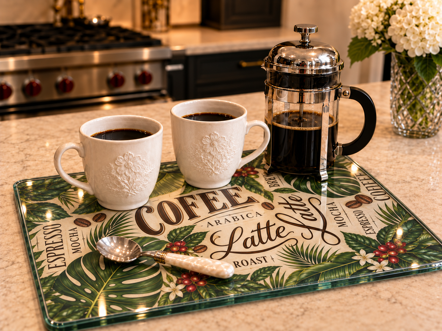 Glass Coffee Station Tray, 2 Sizes – Tropical Latte & Espresso Typography