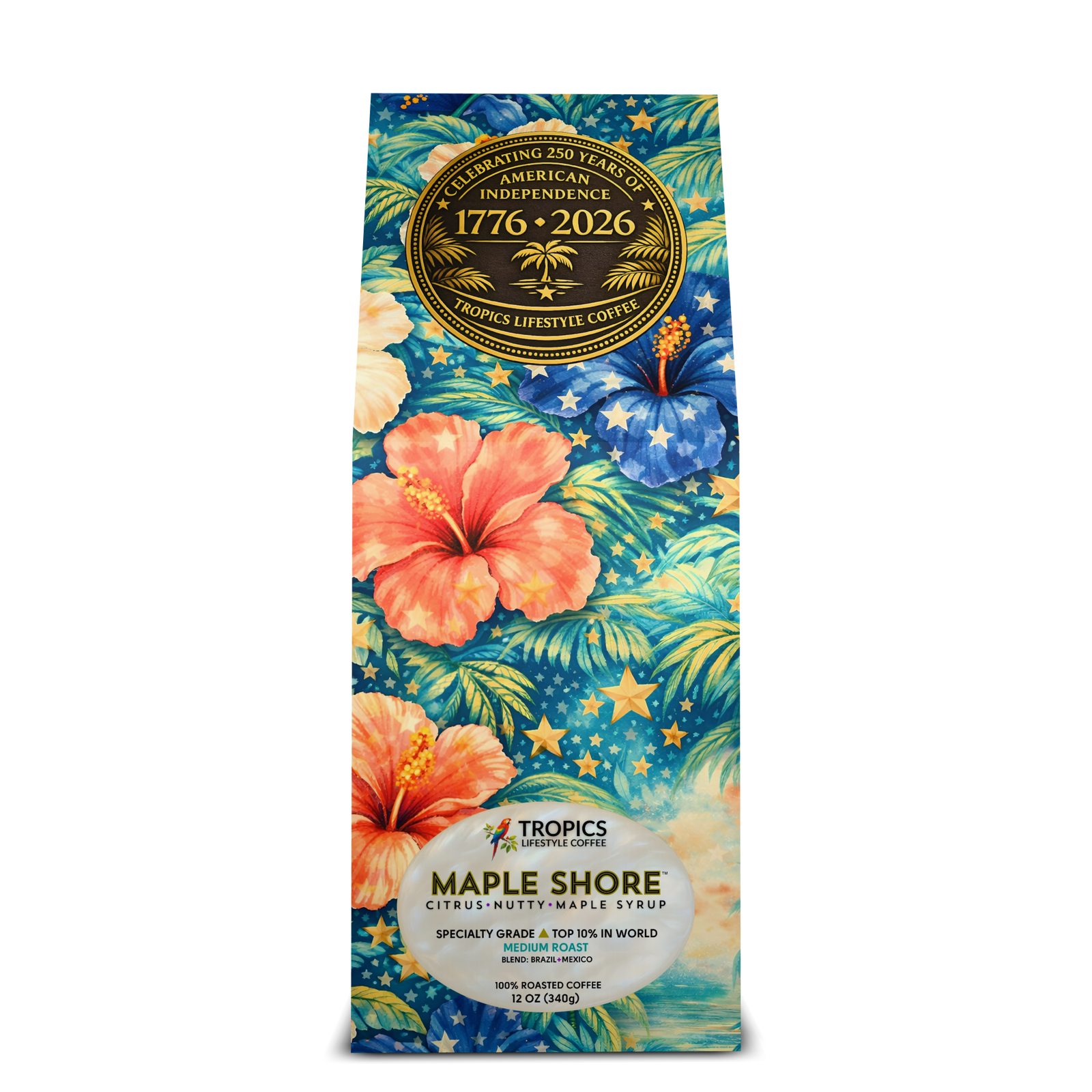 Maple Shore Art Box Coffee 12 Oz: USA 250th Birthday, Americana Hibiscus - Tropics Lifestyle Coffee