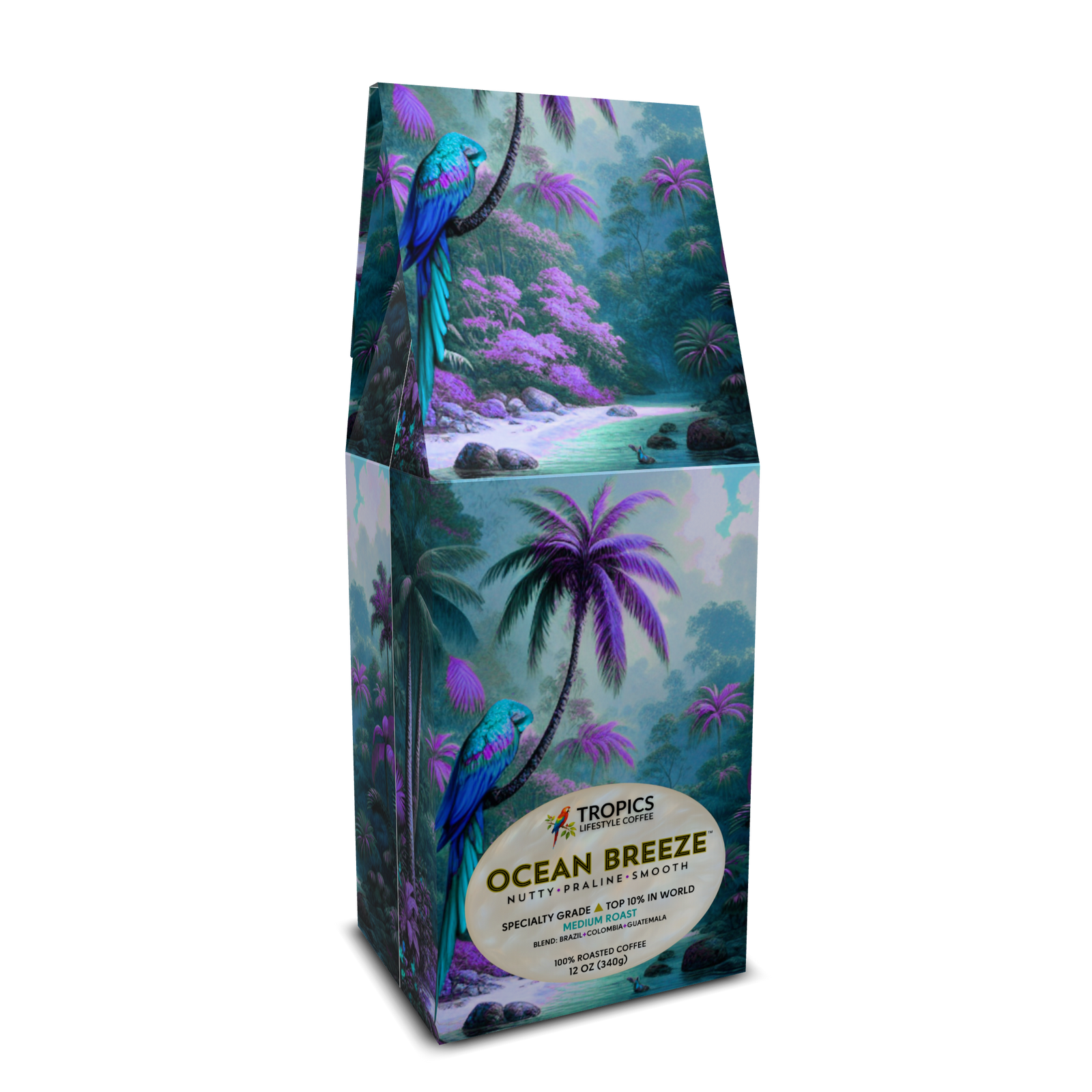 Ocearn Breeze Art Box Coffee 12 oz: Sleeping Beauty Parrot, Purple - Tropics Lifestyle Coffee