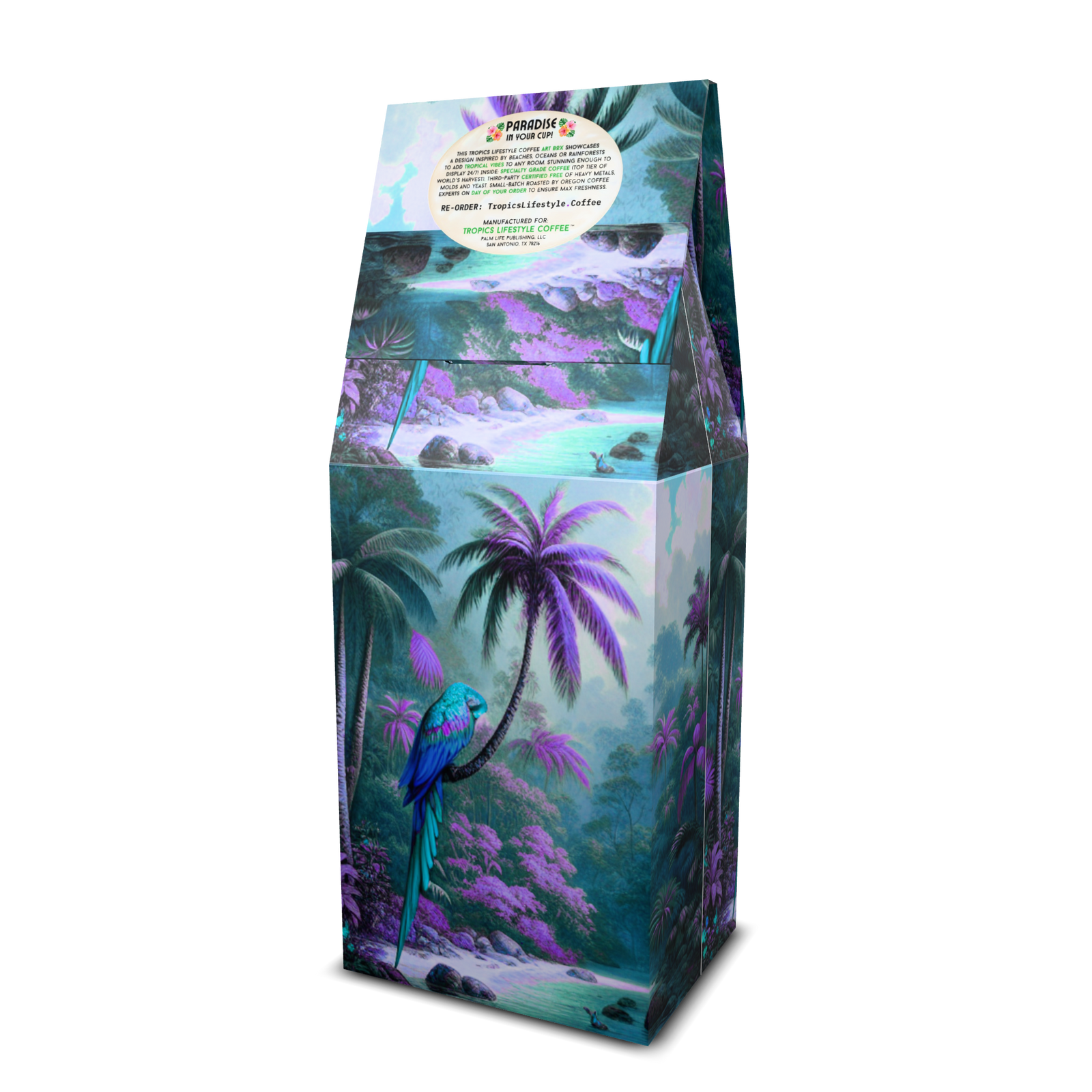 Ocearn Breeze Art Box Coffee 12 oz: Sleeping Beauty Parrot, Purple - Tropics Lifestyle Coffee