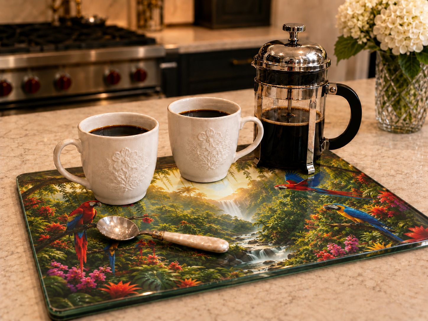 Glass Coffee Station Tray, 2 Sizes ~ "Paradise Falls" Rainforest Art With Parrots