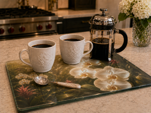 Glass Coffee Station Tray, 2 Sizes ~ White Pearl Orchids