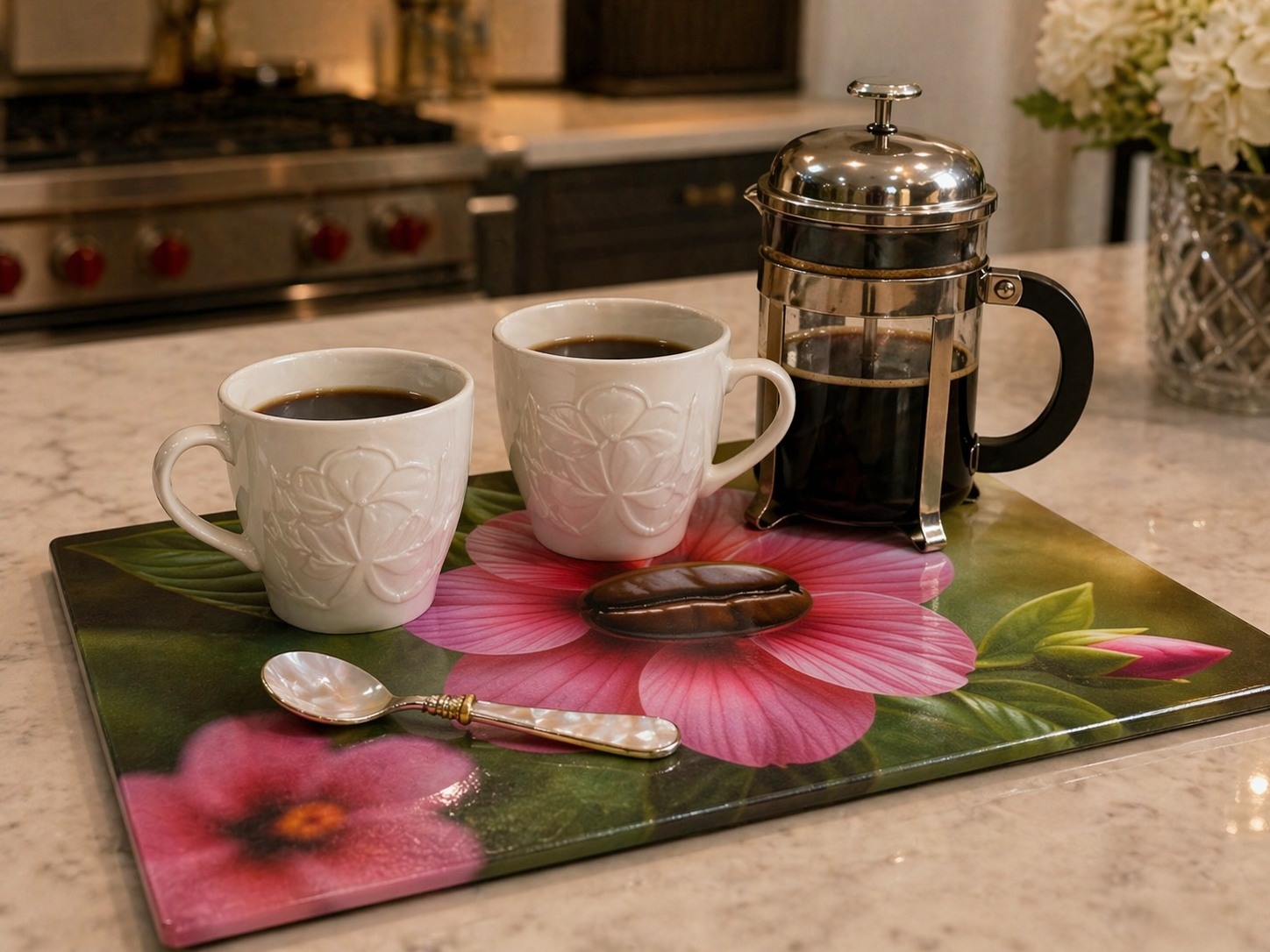 Glass Coffee Station Tray – Coffee Bean Flower, 2 Sizes