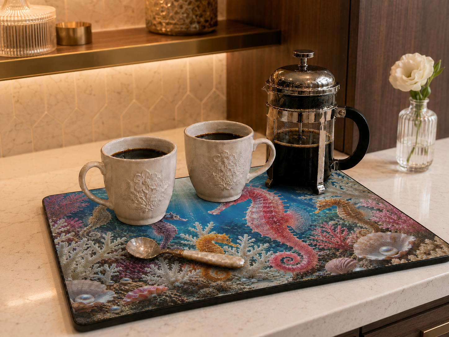 Glass Coffee Station Tray, 2 Sizes — Colorful Pink Seahorse Underwater Scene