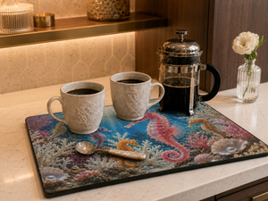 Glass Coffee Station Tray, 2 Sizes — Colorful Pink Seahorse Underwater Scene