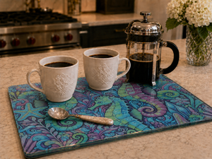 Glass Coffee Station Tray, 2 Sizes – Seahorse Trio Turquoise
