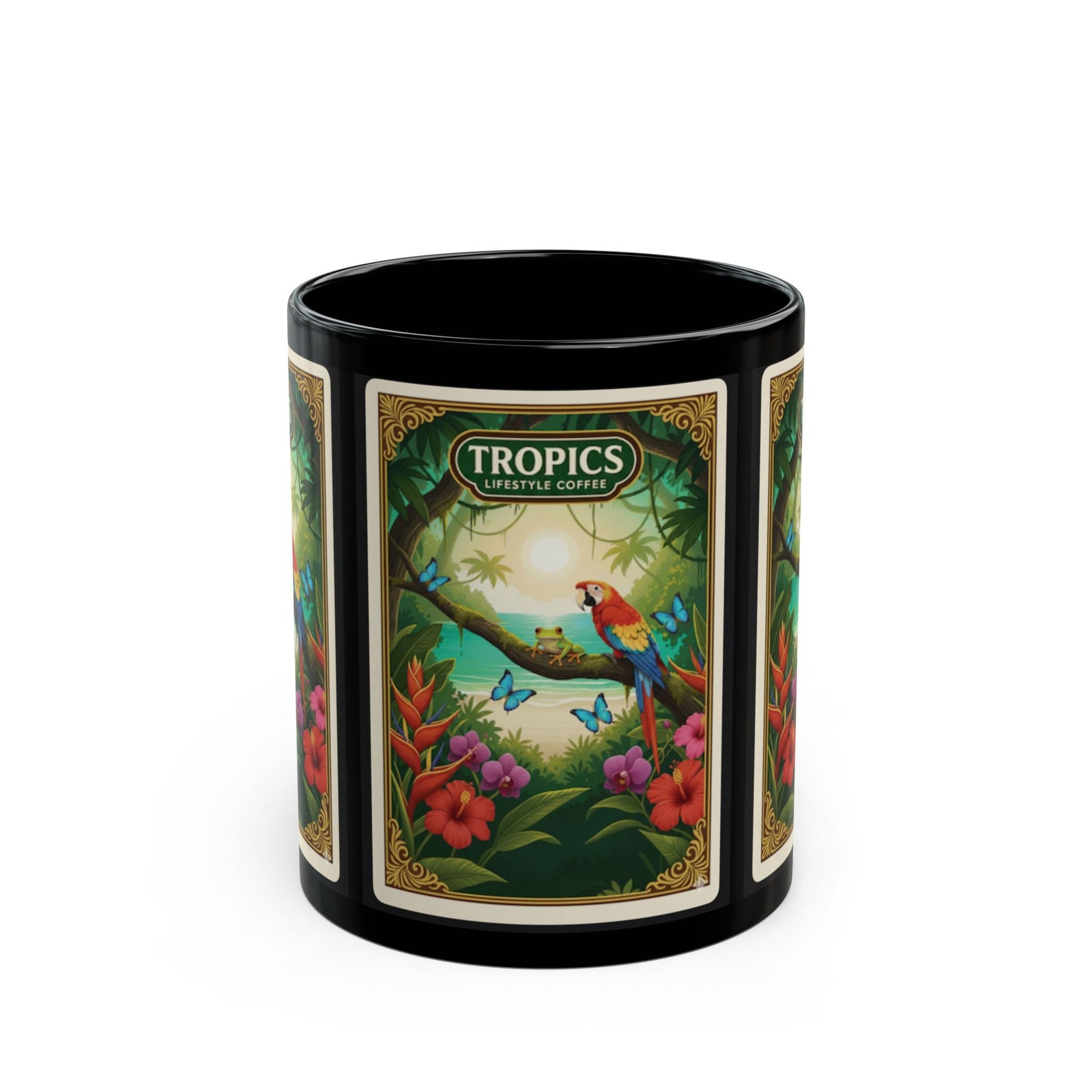 Tiki the Parrot With Friends ~ Black Coffee Mug - Tropics Lifestyle Coffee