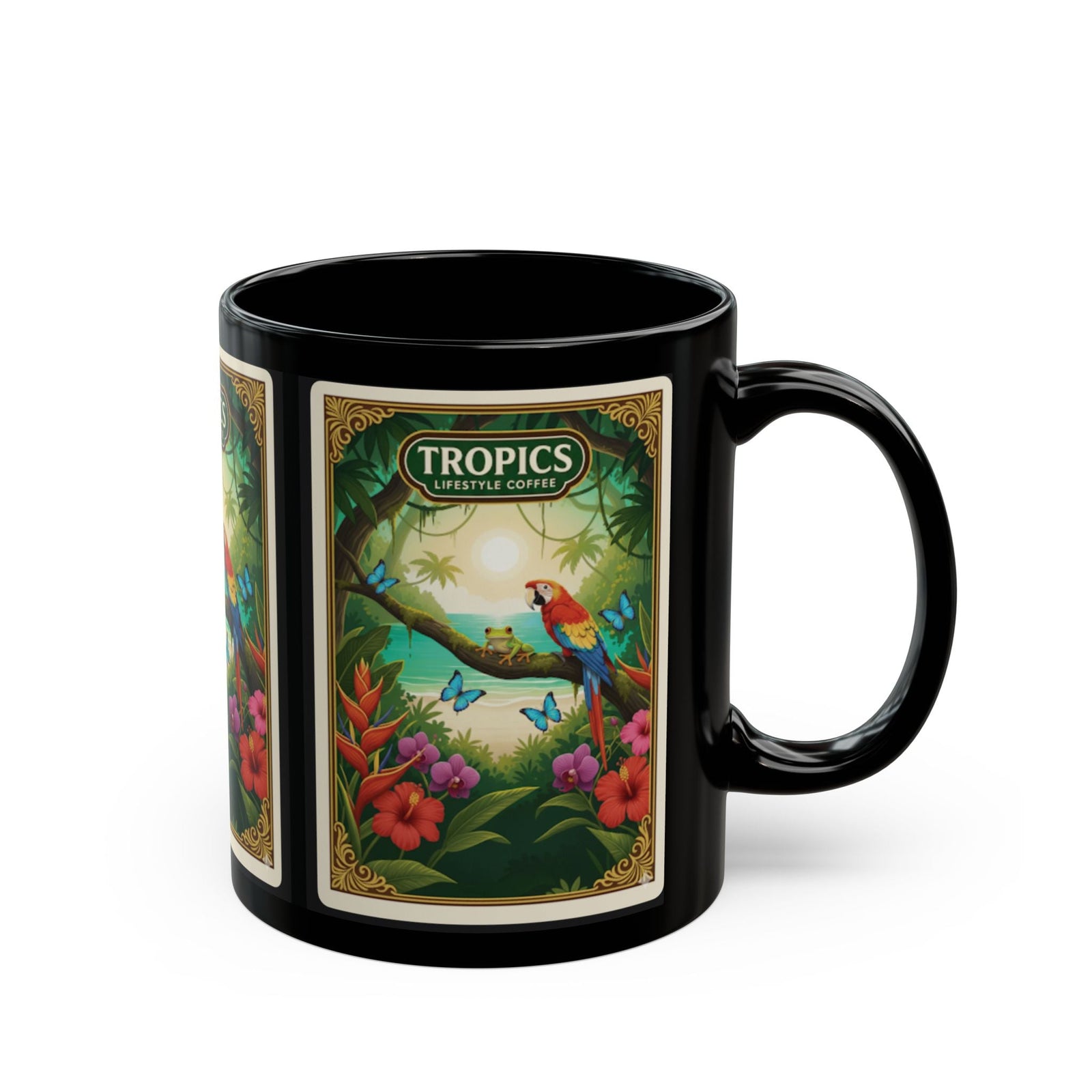 Tiki the Parrot With Friends ~ Black Coffee Mug - Tropics Lifestyle Coffee