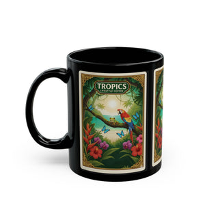 Tiki the Parrot With Friends ~ Black Coffee Mug - Tropics Lifestyle Coffee