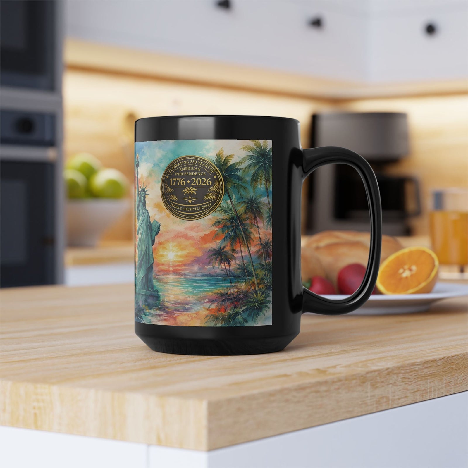 USA 250th Anniversary Coffee Mug ~ Tropical Statue of Liberty, 2 Sizes - Tropics Lifestyle Coffee