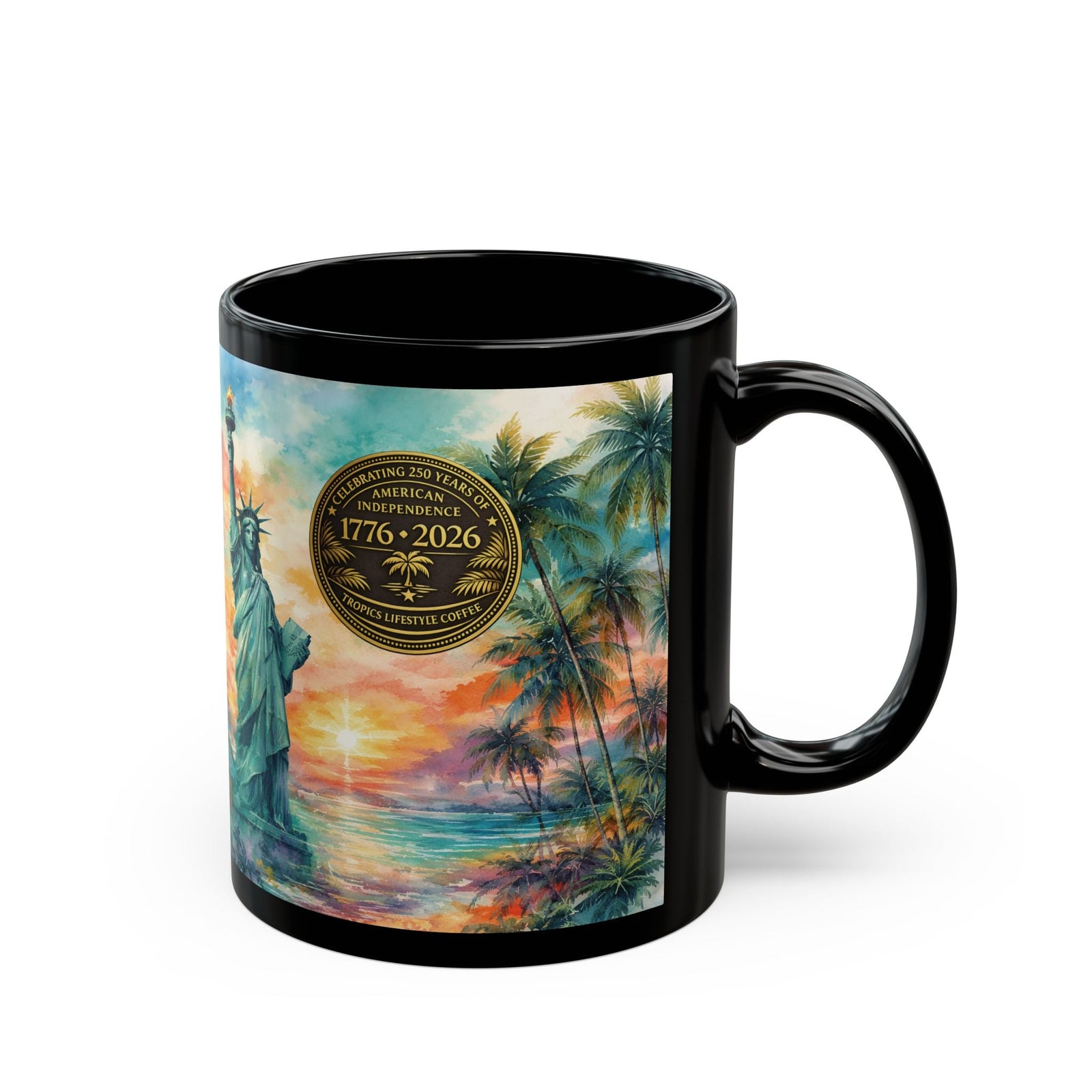 USA 250th Anniversary Coffee Mug ~ Tropical Statue of Liberty, 2 Sizes - Tropics Lifestyle Coffee
