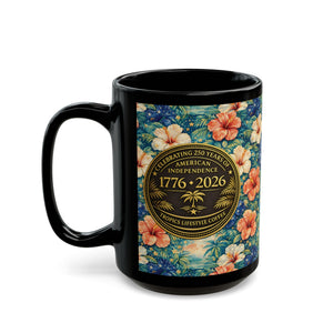 USA 250th Birthday Black Coffee Mug - Americana Hibiscus - Tropics Lifestyle Coffee
