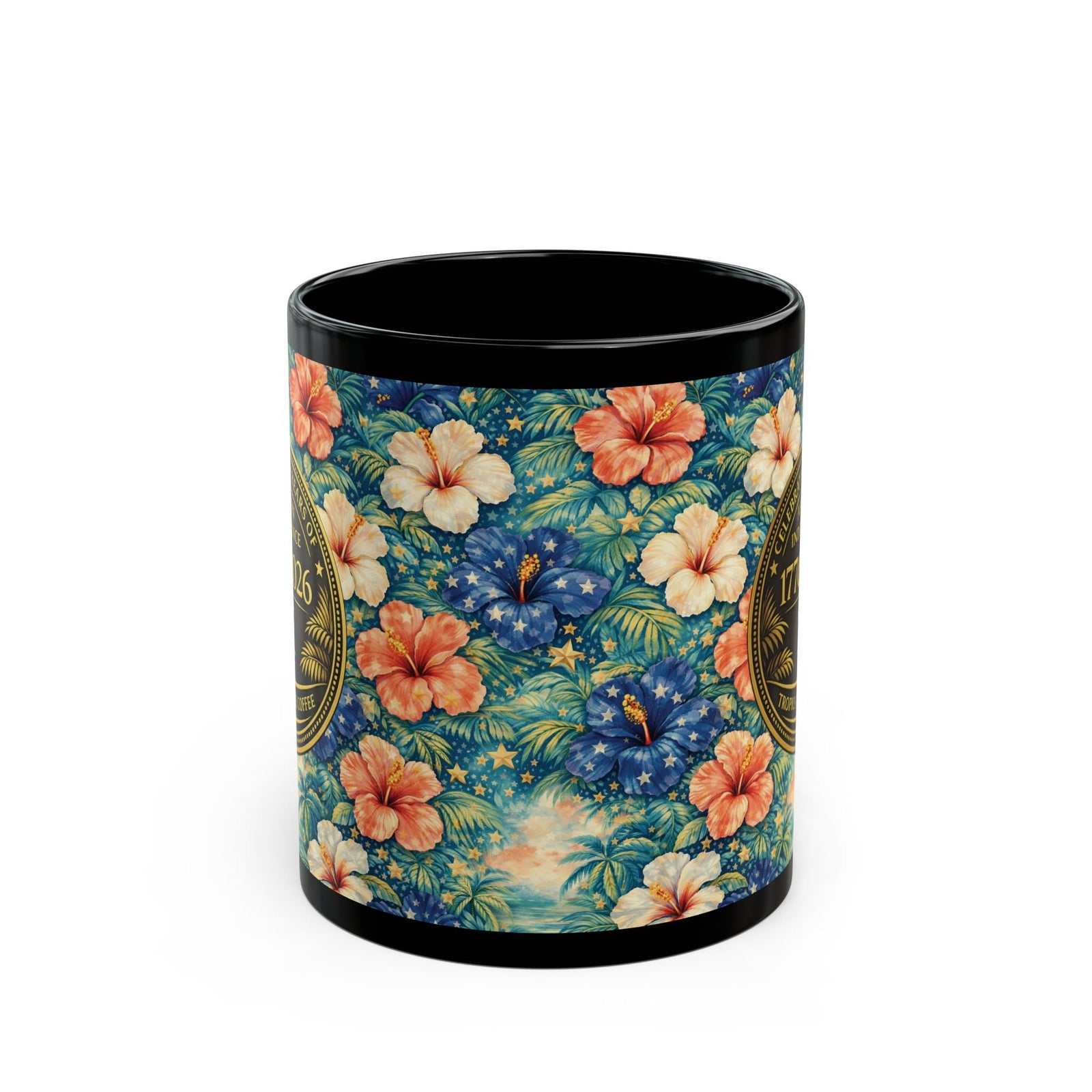 USA 250th Birthday Black Coffee Mug - Americana Hibiscus - Tropics Lifestyle Coffee