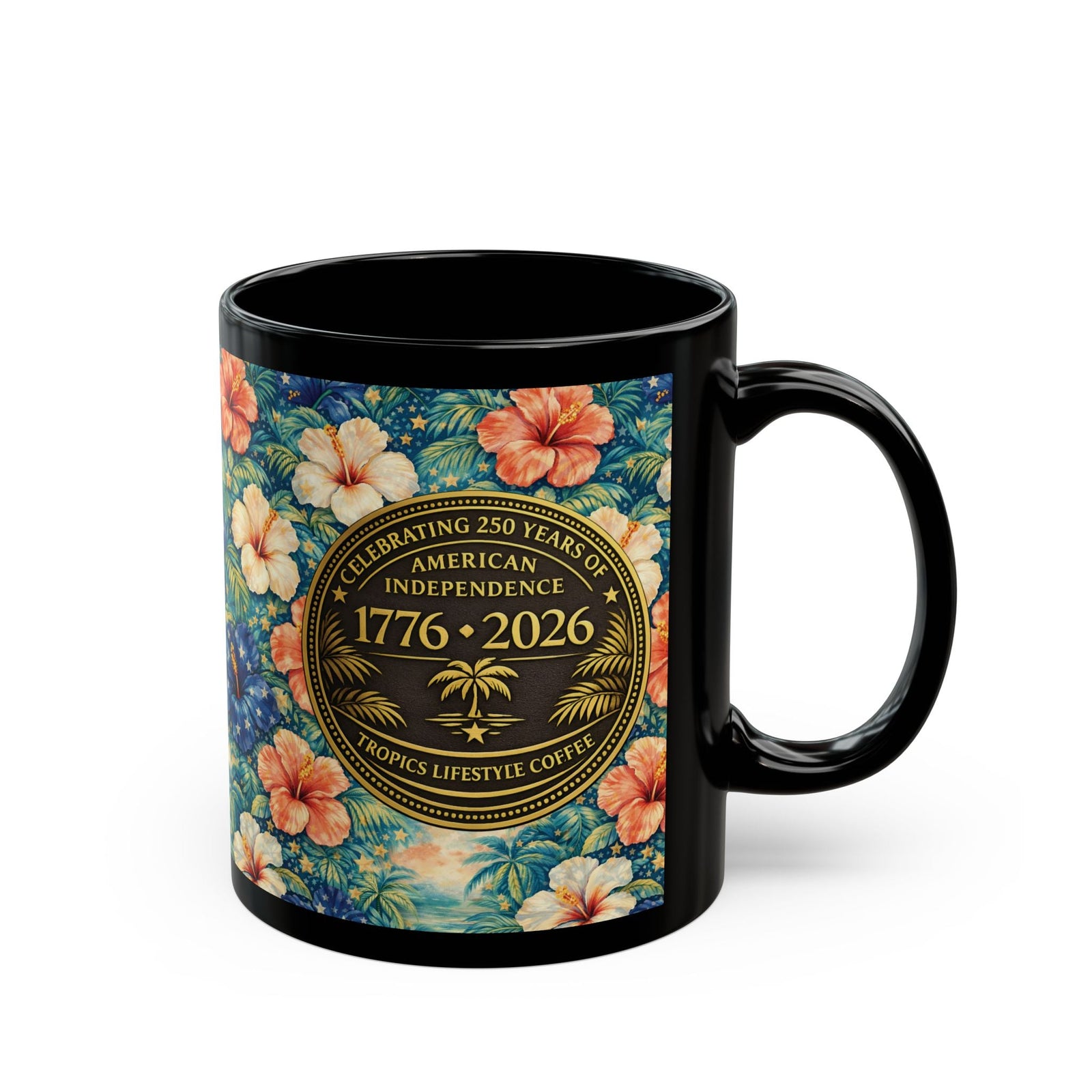 USA 250th Birthday Black Coffee Mug - Americana Hibiscus - Tropics Lifestyle Coffee