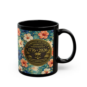 USA 250th Birthday Black Coffee Mug - Americana Hibiscus - Tropics Lifestyle Coffee