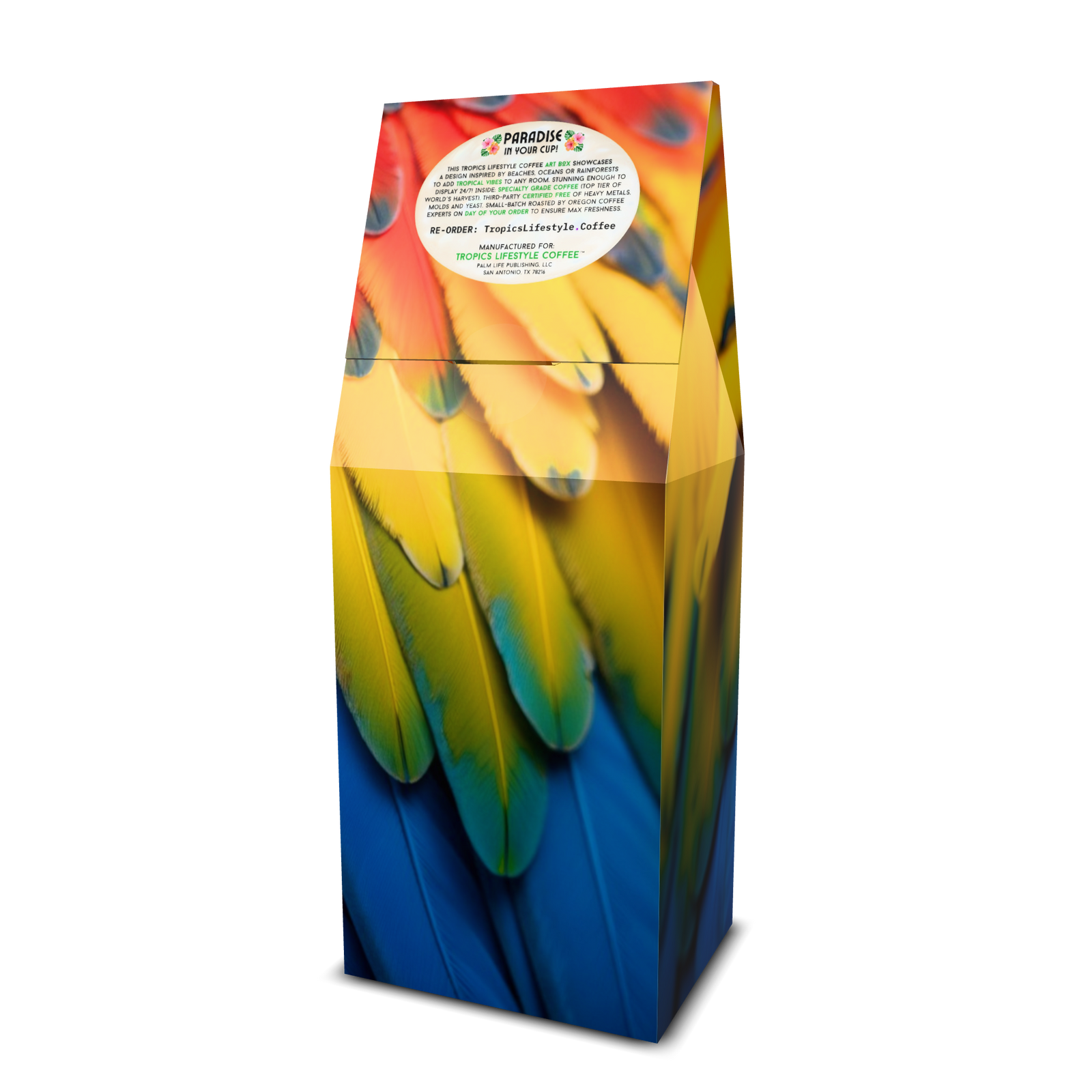 Velvet Lagoon Art Box Coffee 12 Oz: Macaw Feathers - Tropics Lifestyle Coffee