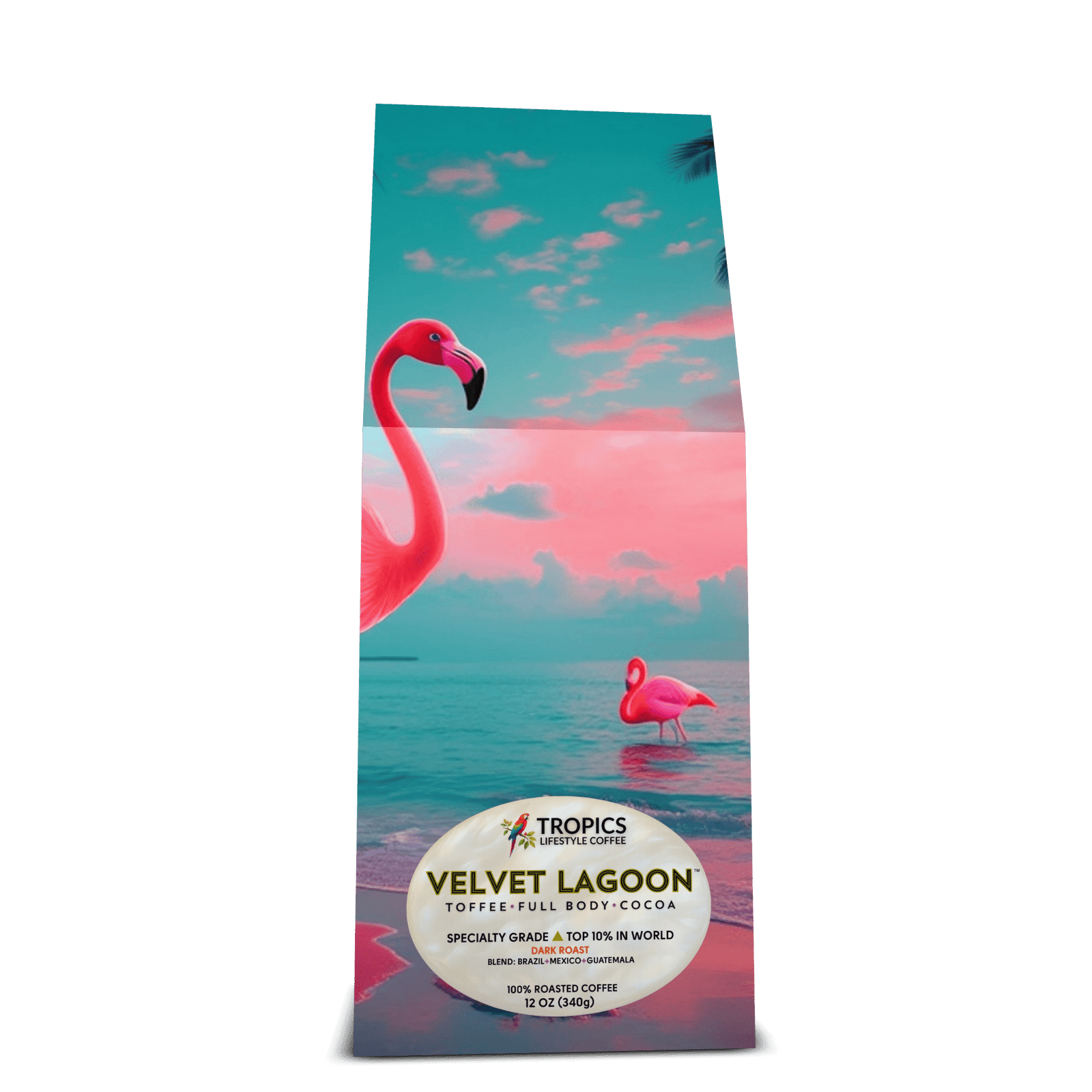 Velvet Lagoon Art Box Coffee 12 Oz: Neon Flamingos at Night - Tropics Lifestyle Coffee