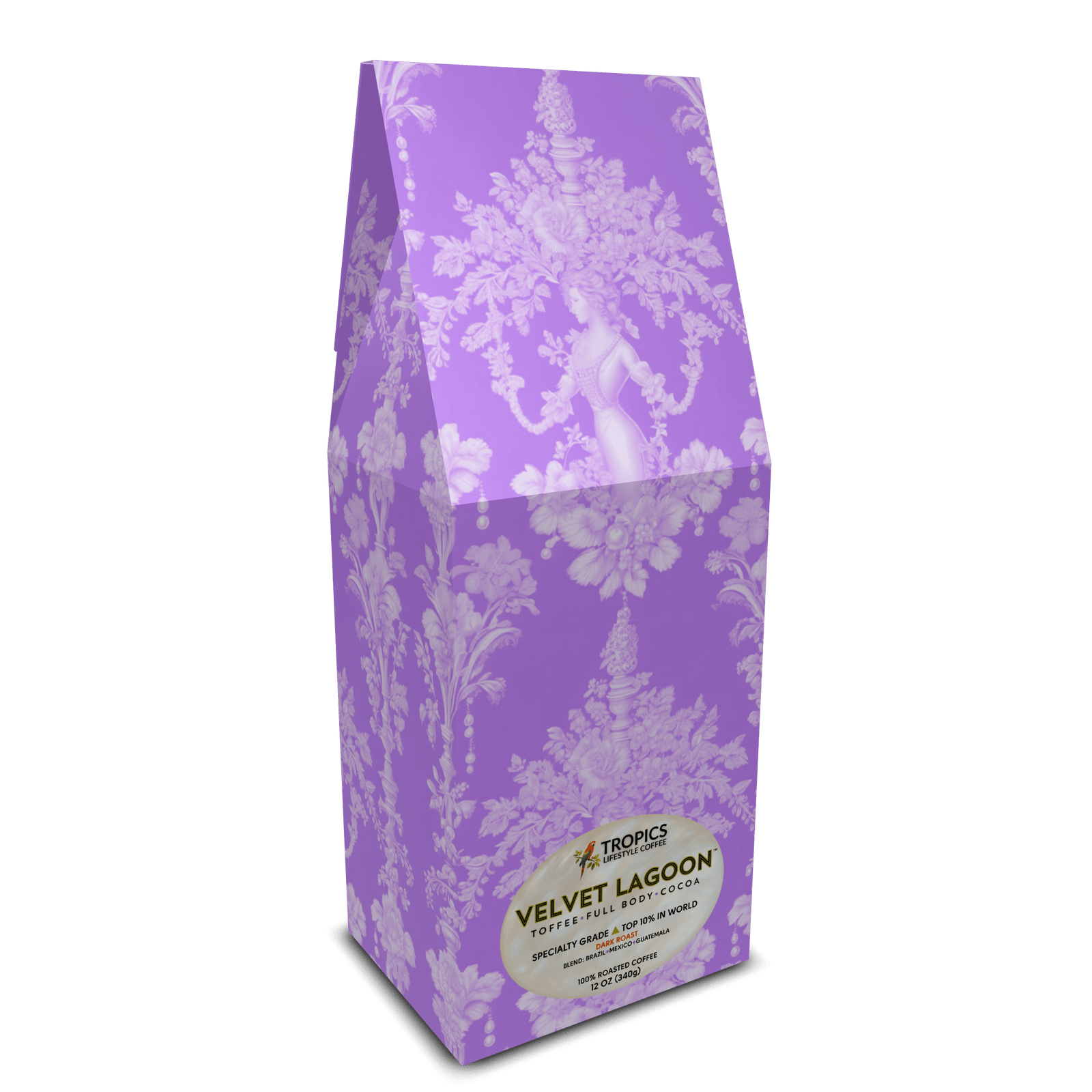 Velvet Lagoon Art Box Coffee 12 Oz: Pearl Lady Toile, Amethyst - Tropics Lifestyle Coffee