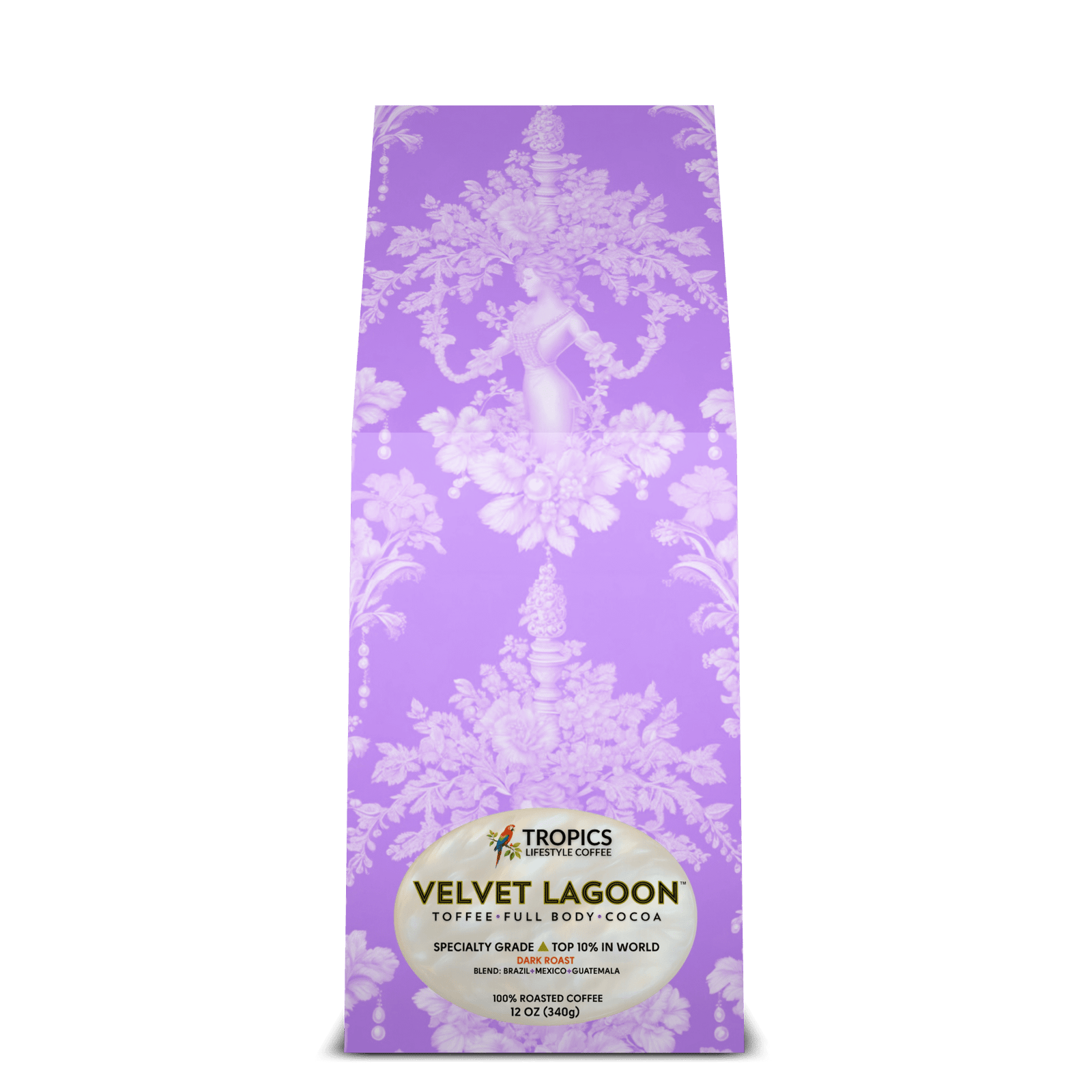Velvet Lagoon Art Box Coffee 12 Oz: Pearl Lady Toile, Amethyst - Tropics Lifestyle Coffee