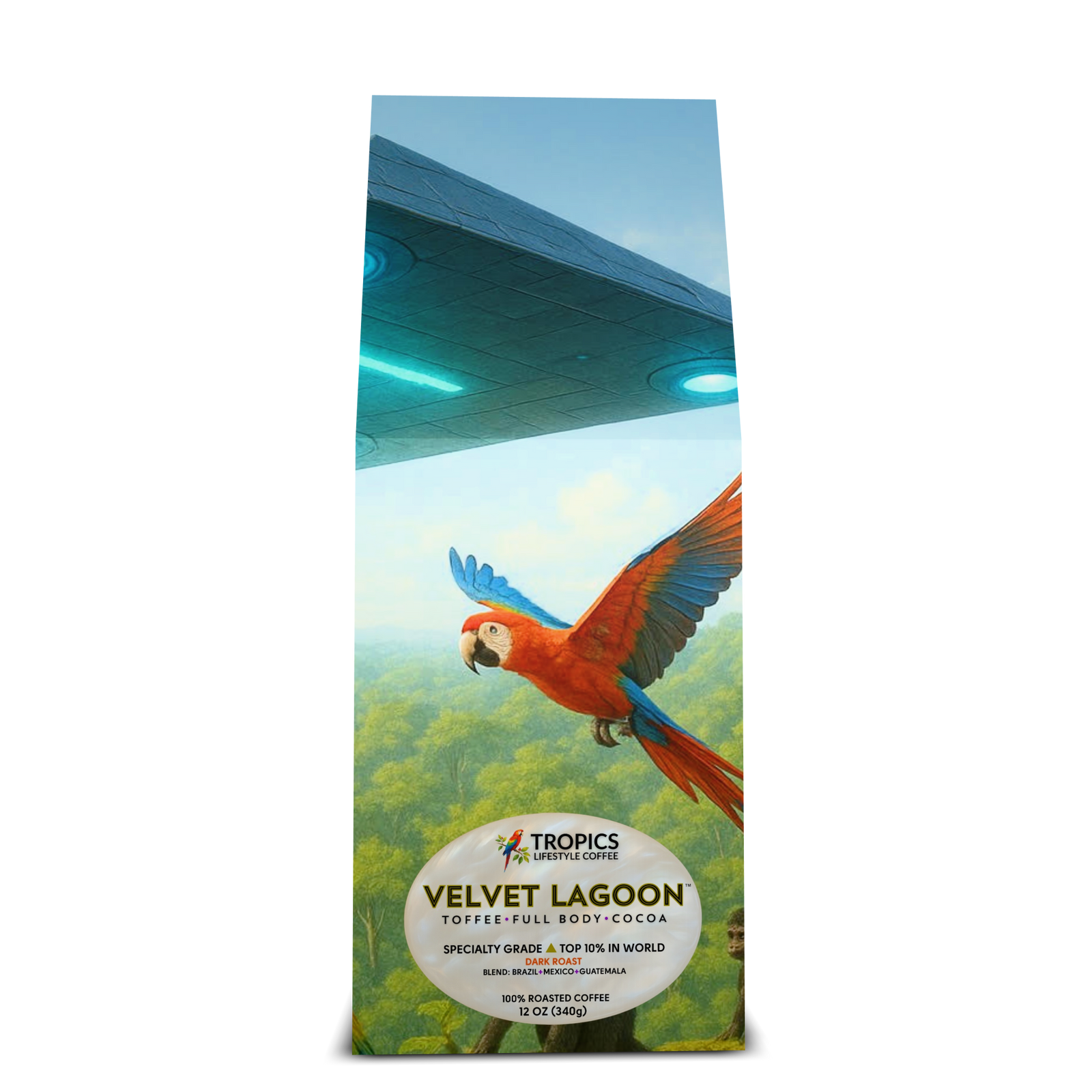 Velvet Lagoon Art Box Coffee 12 Oz: UFO & Macaws - Tropics Lifestyle Coffee