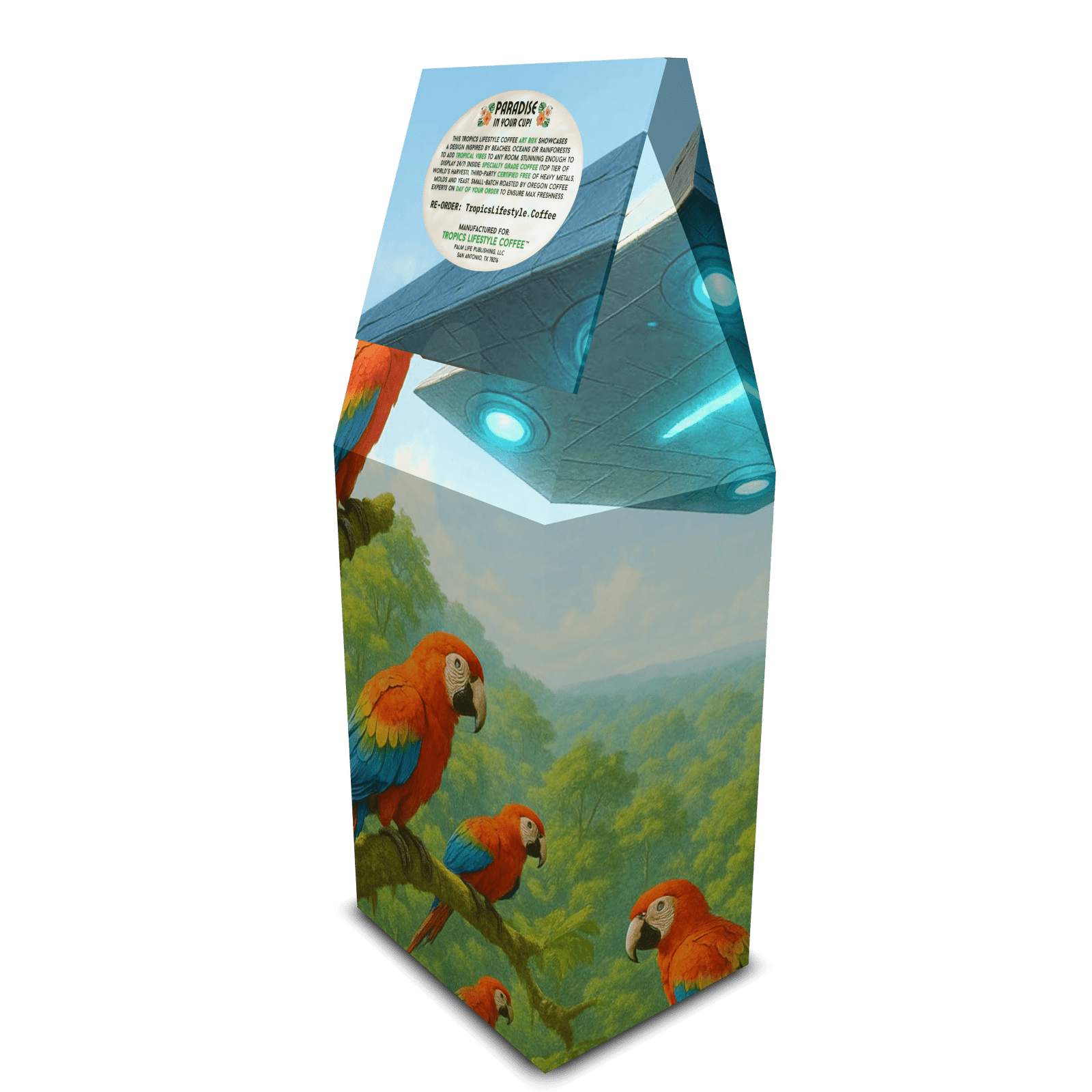 Velvet Lagoon Art Box Coffee 12 Oz: UFO & Macaws - Tropics Lifestyle Coffee