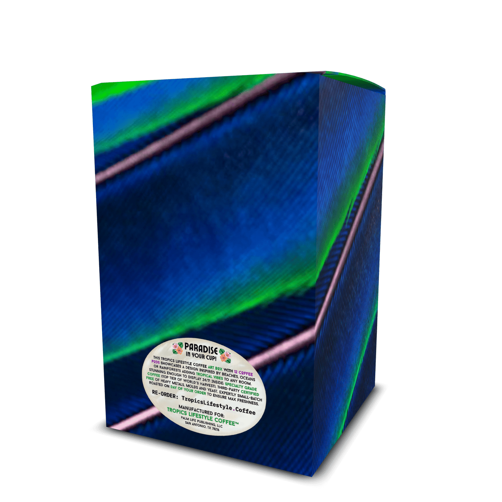 Velvet Lagoon Art Box Coffee Pods/12 Pack: Blue Parrot Feathers - Tropics Lifestyle Coffee