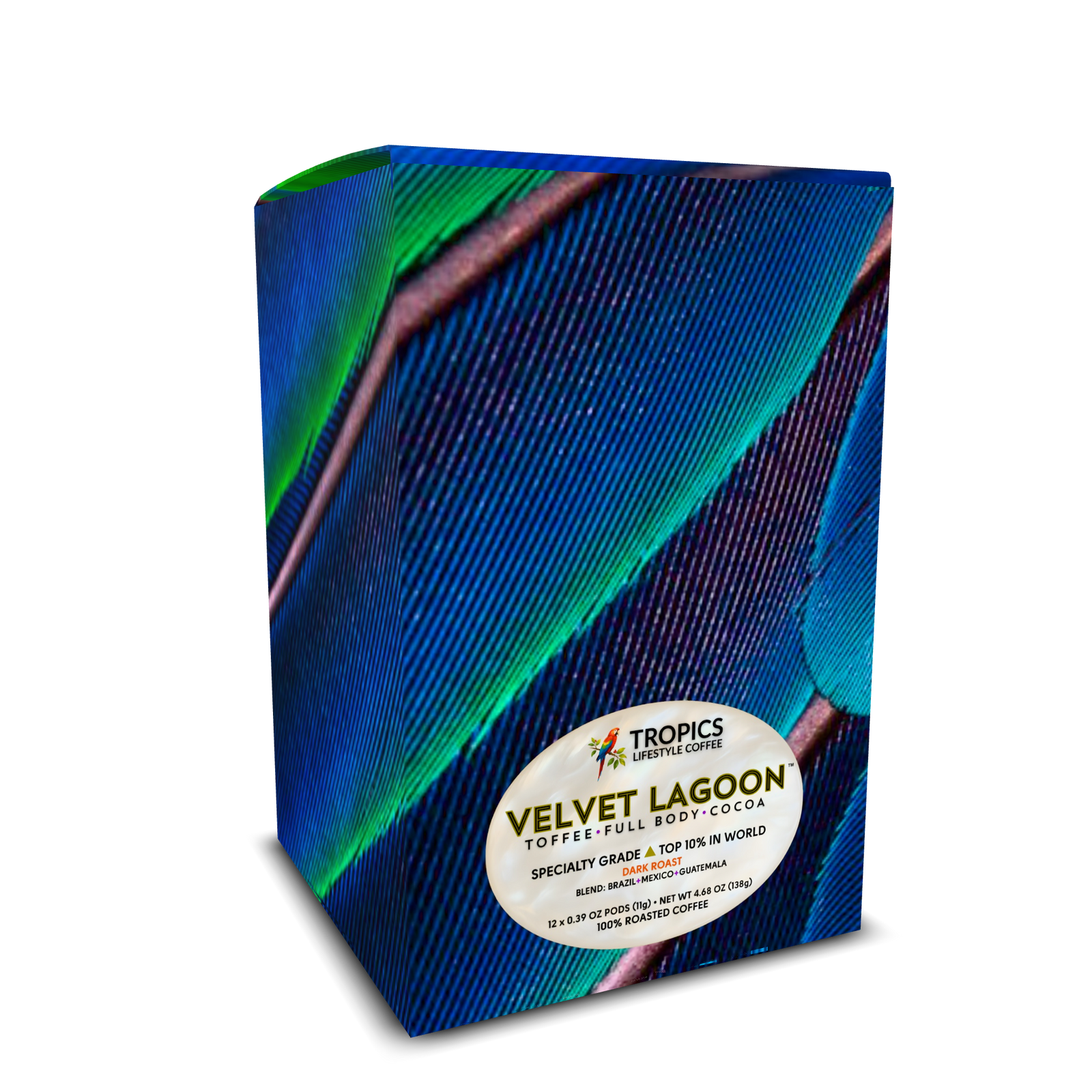 Velvet Lagoon Art Box Coffee Pods/12 Pack: Blue Parrot Feathers - Tropics Lifestyle Coffee