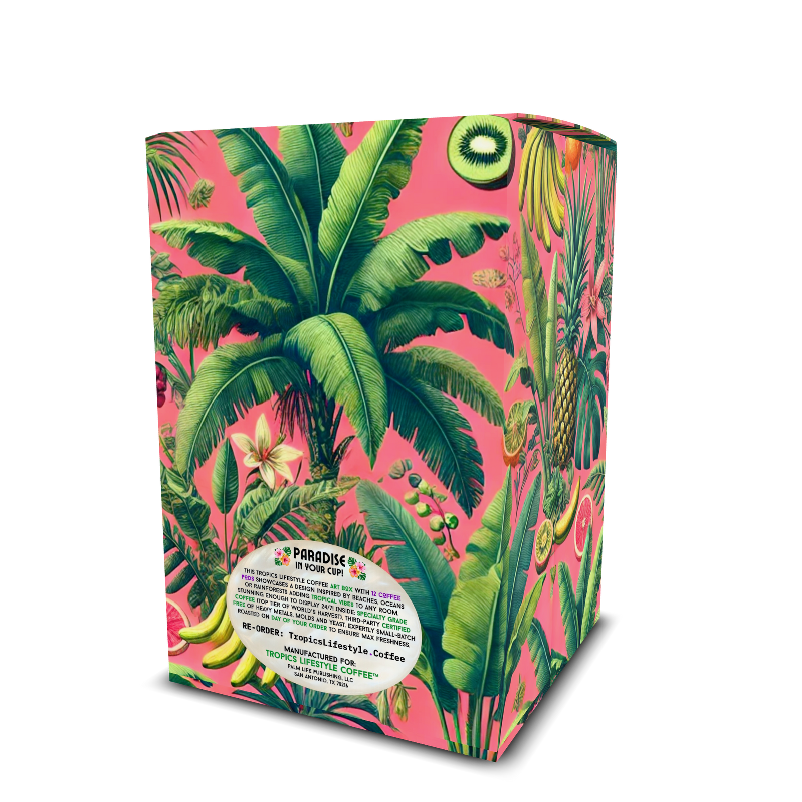 Velvet Lagoon Art Box Coffee Pods/12 Pack: Palms & Bananas, Coral - Pink - Tropics Lifestyle Coffee