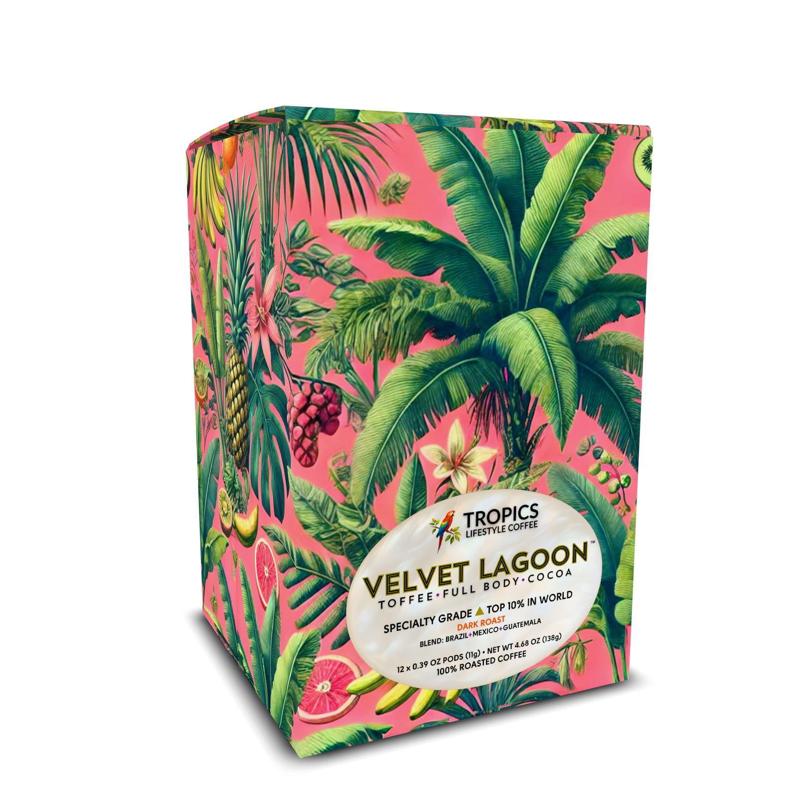 Velvet Lagoon Art Box Coffee Pods/12 Pack: Palms & Bananas, Coral - Pink - Tropics Lifestyle Coffee