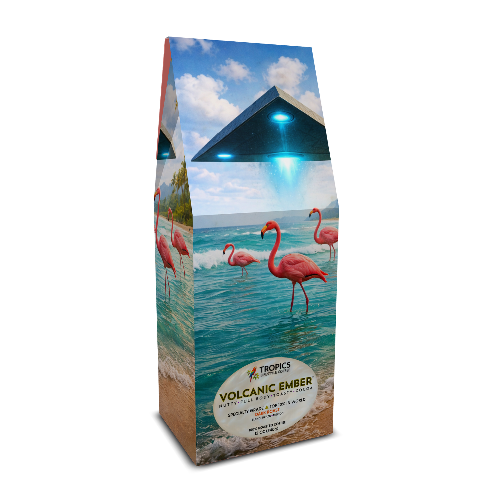 Volcanic Ember Art Box Coffee 12 Oz: UFO & Flamingos - Tropics Lifestyle Coffee